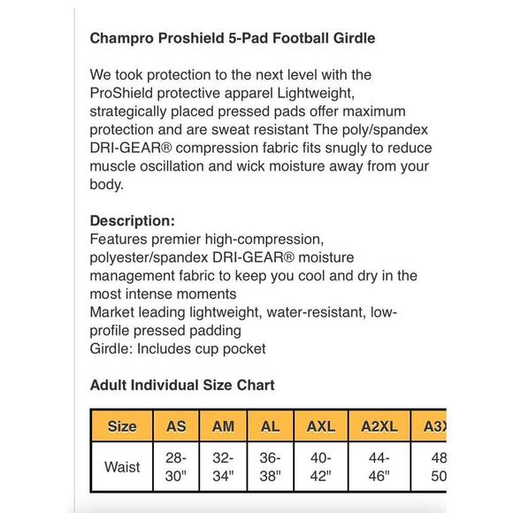 CHAMPRO FOOTBALL  PRO GIRDLE 5 pads integrated - NEW size Large L - Picture 3 of 5